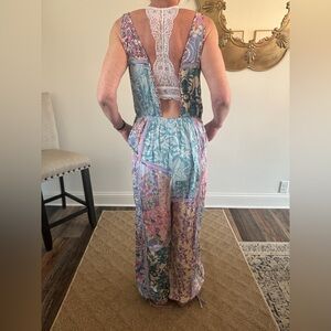 Blue Velvet Patchwork Boho Jumpsuit NWT Size Medium Wide Leg Floral